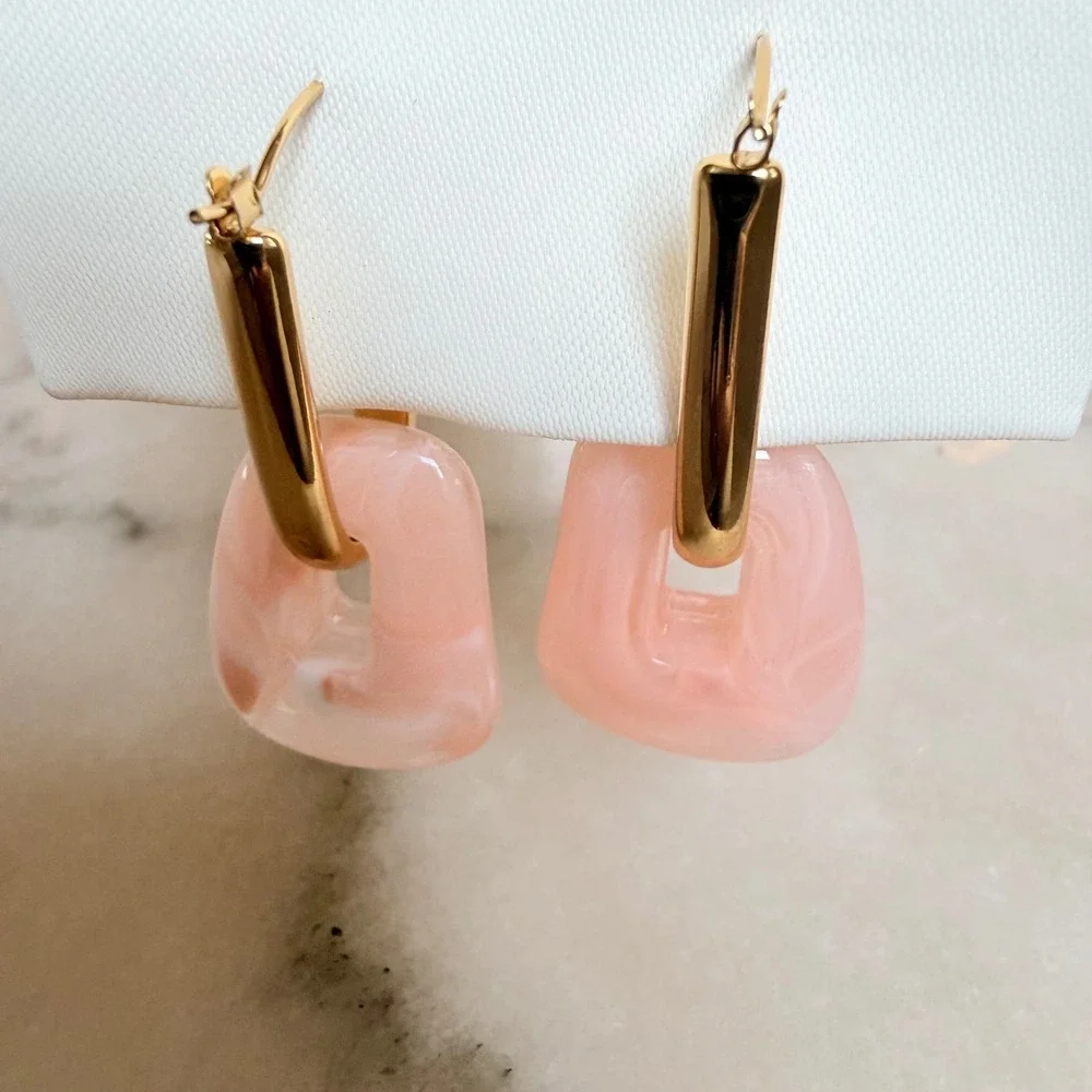 Gold Dipped Peach Pink Blush Marbled Resin Geometric Drop Hoop Earrings